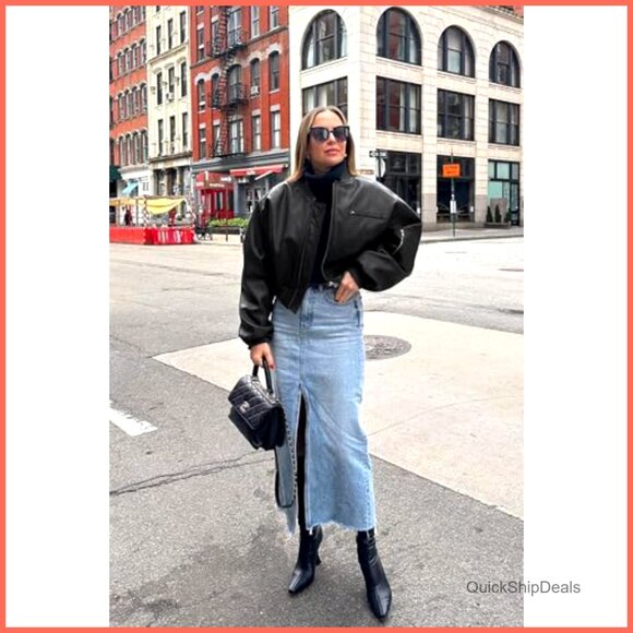 Faux Leather Bomber Jacket with Baseball Collar and Pockets - Picture 5 of 7